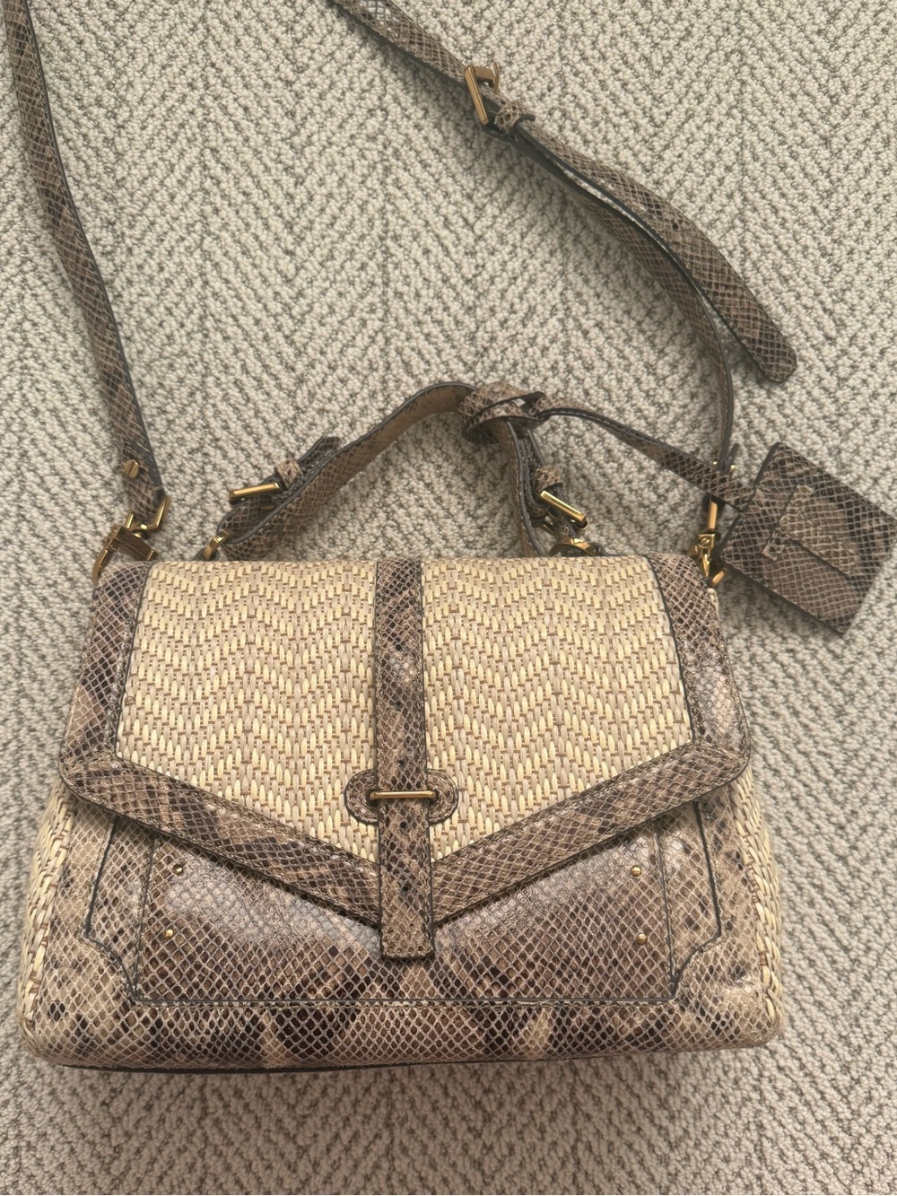 TORY BURCH Woven Straw Snake-Print Structured Bag with Crossbody Strap